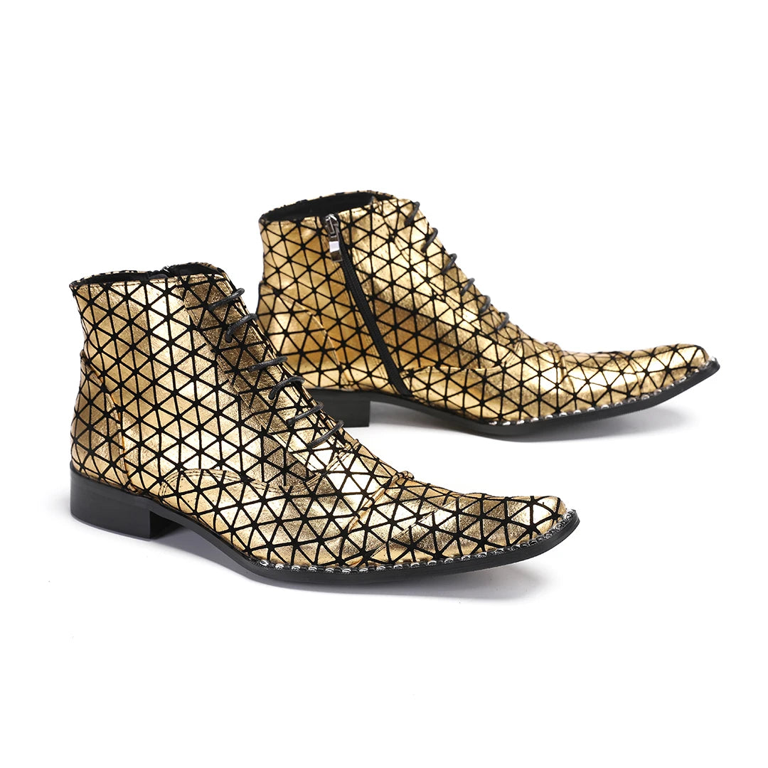 Luxury Gold Lace Up Men Short Boot Fashion Wedding Party Prom Ankle Boots Male Plus Size Nightcliub Business Ball Formal Shoes