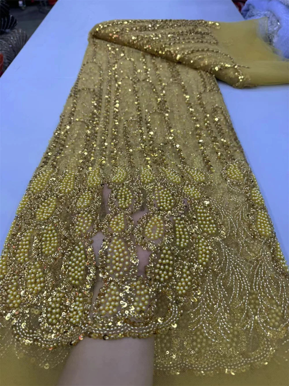 Luxurious Peach Nigerian Handmade Beaded French Lace High Quality Sequins Embroidery African Net Lace Fabric Dress Wp658-1