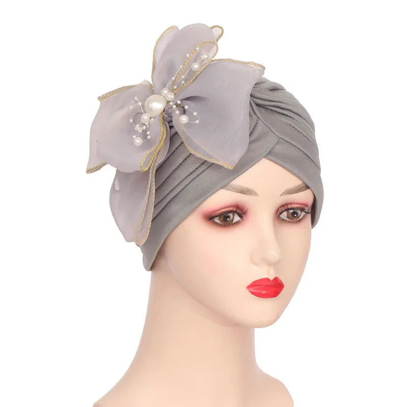 Lastest Indian Big Flower Turban Women Muslim Bowknot Hijab Hat African Auto Gele Headtie Wedding Aso Oke Cap Headscarf Bonnet
