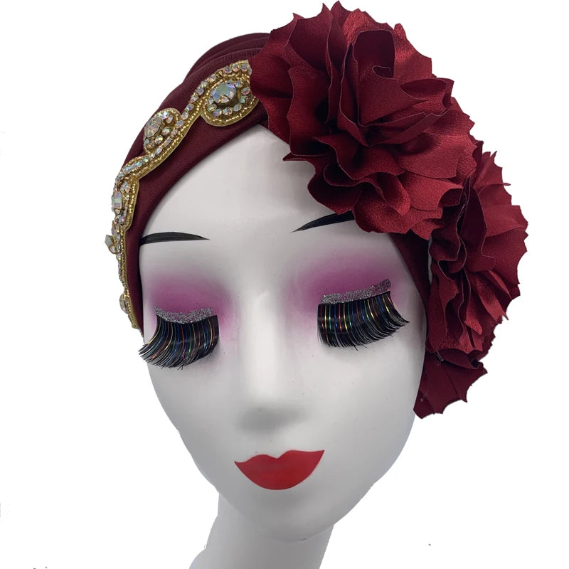 2023 Rhinestones Turban Hat with Side Satin Ruffles Women's Wrap Head Beanies Muslim Headscarf Bonnet African autogele Headtie