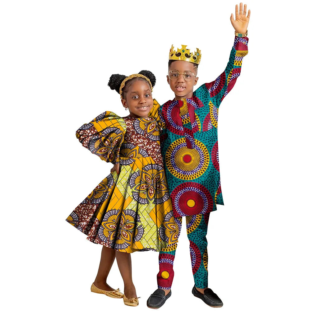 Wedding African Family Matching Outfits for Kids Sister Brother Girls Dress and Boys Pants Set Children Ankara Print Clothing