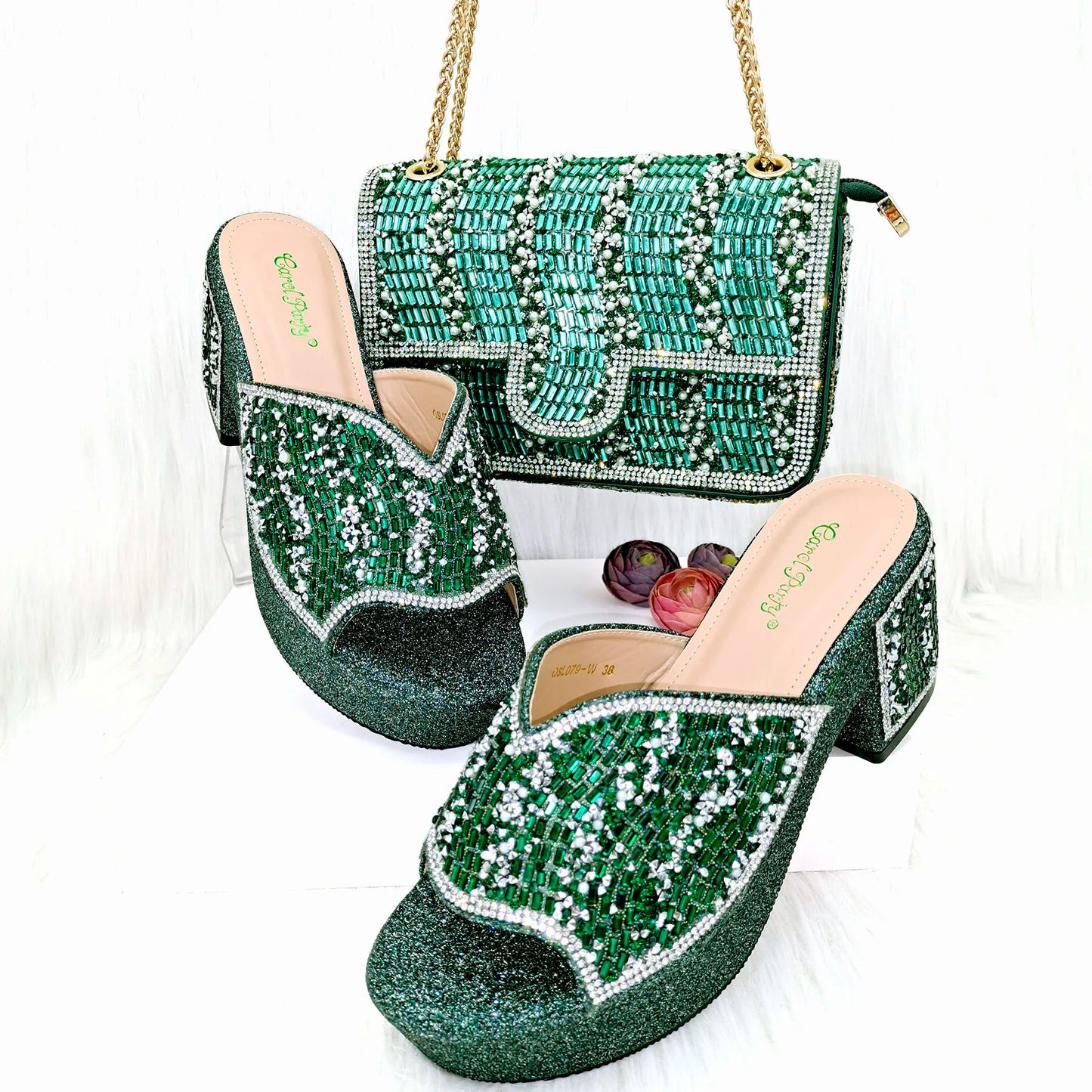 QSGFC Nigerian Peach High Heels Paired With Square Bag Rhinestone Studded Sequin Women's Sandals Are Suitable For Daily Parties