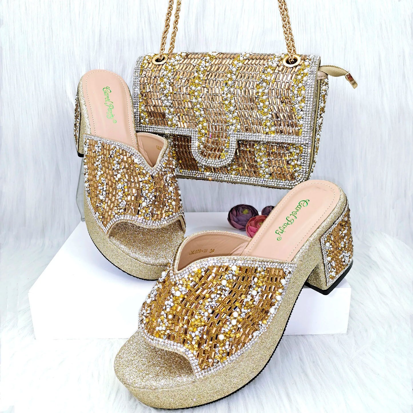 QSGFC Nigerian Peach High Heels Paired With Square Bag Rhinestone Studded Sequin Women's Sandals Are Suitable For Daily Parties