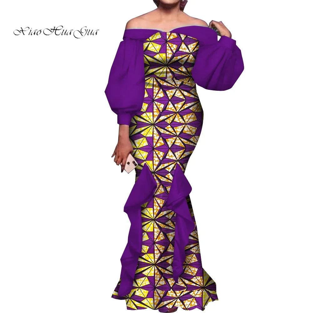 Fashion Women Ankara Dresses Flash Neck Puff Sleeve Long Dress African Dress Robe Africaine Femme Evening Mermaid Dress WY1848