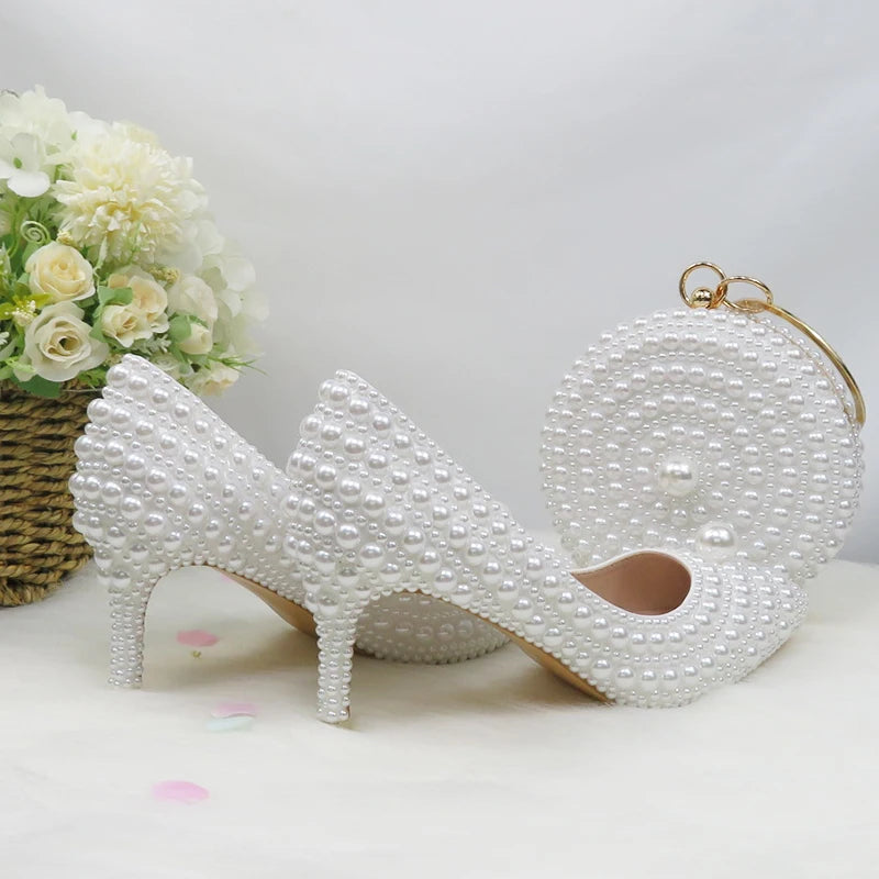BaoYaFang White Pearl women wedding shoes And Bags Bride High heels shoes ladies party dress shoes woman Sweet Fashion Pumps