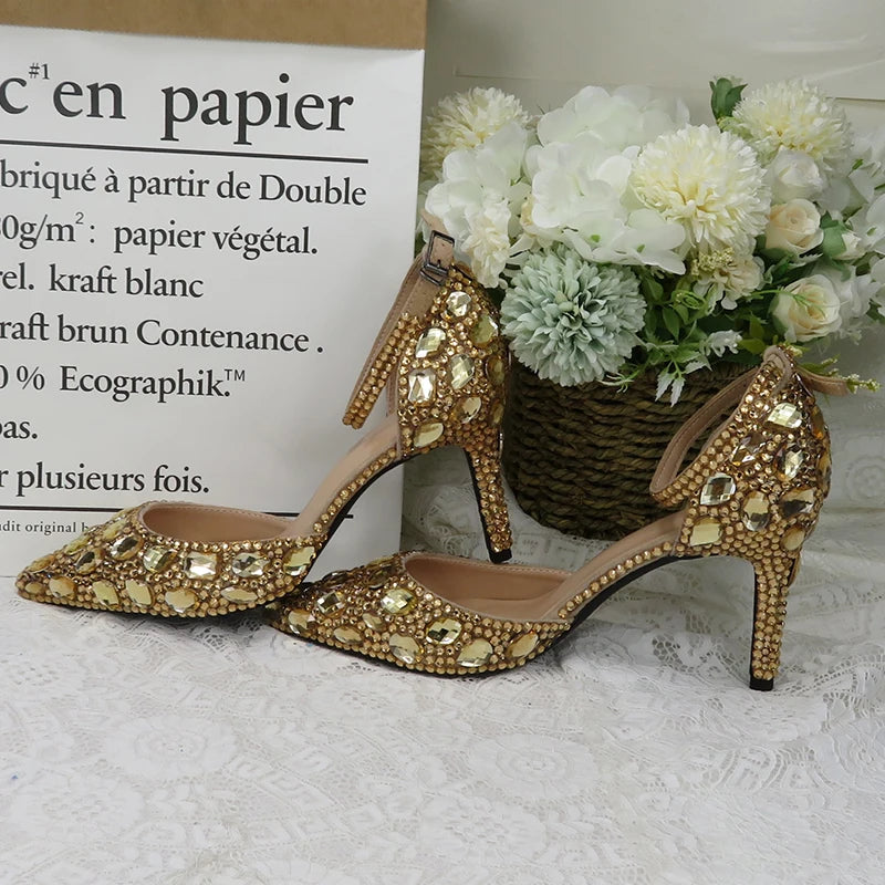 2021 new champagne colored rhinestone bridal dress shoes with bag rhinestone high heels ankle strap women's party dress shoes