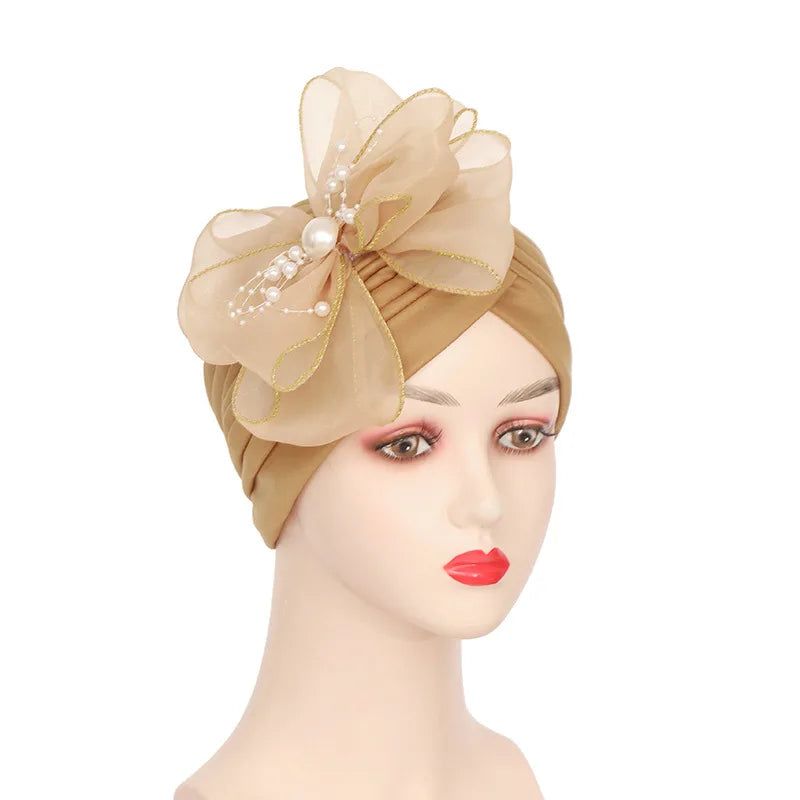 Big Flower Muslim Women Indain Hat Scarf Caps Chemo Turban Islamic Head Cover Party Evening Bonnet Pleated Vintage Elegant Hat