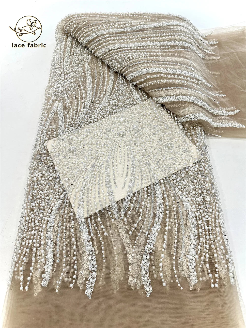 Peach Sequin Lace Fabric African Fabric Lace Wedding Dress Luxury Beaded Lace French Mesh Sequence for Party Dresses Sewing