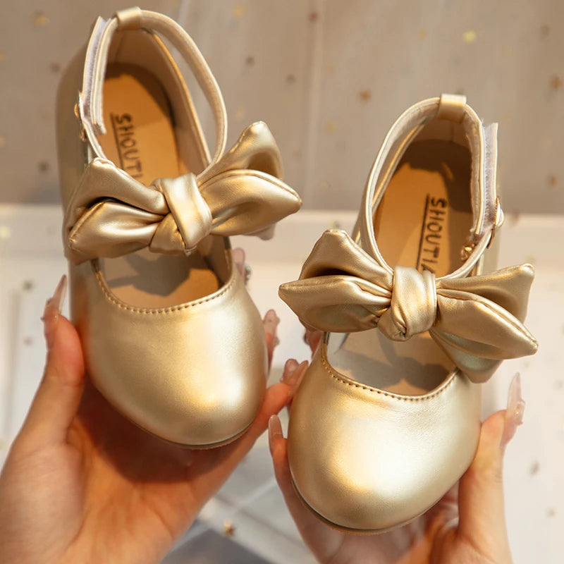 Kid Pump Shoes Girl Luxury Gold White Low Heel Dance Child Fashion Bowknot Ankle Strap Mary Janes Wedding Party Footwear