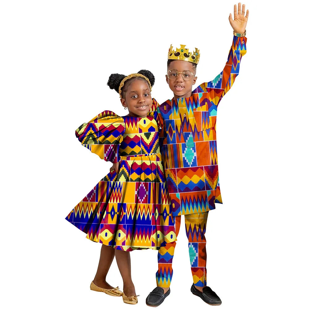Wedding African Family Matching Outfits for Kids Sister Brother Girls Dress and Boys Pants Set Children Ankara Print Clothing