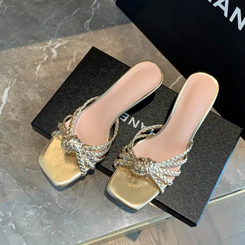 Krazing Pot Weaving Style Mules Flip Flops Gorgeous Peep Toe Summer Strange Style High Heels Party Superstar Sandals Women Ins