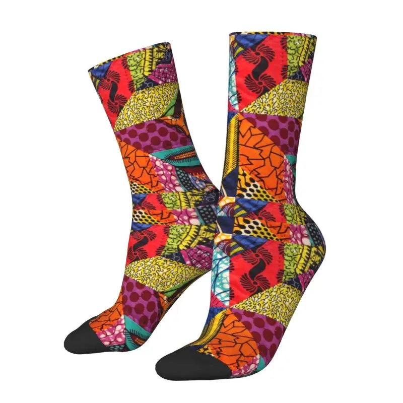 Colorful Ankara Geometric Pattern Socks for Men Women Stretchy Summer Autumn Winter African Ethnic Tribal Art Crew Socks