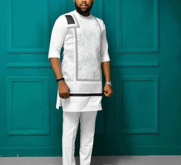 African Summer Two Pieces Set Men Round Collar Print Shirt Pants Suit Africa Traditional Ethnic Party Slim Outfits