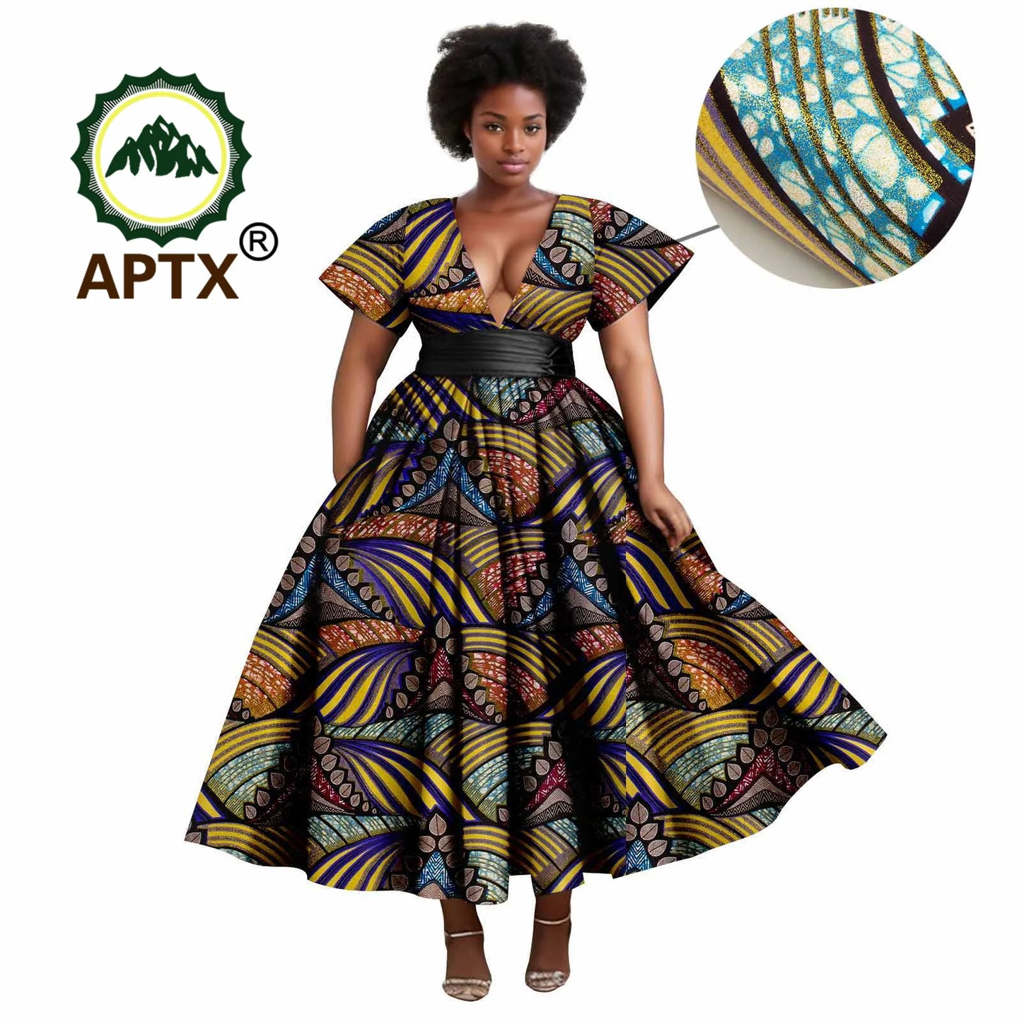 African Dresses Women's Ankara Printed Short Sleeve V-Neck With Belt And Ankle Dress Dashiki Casual Party Wedding Dresses