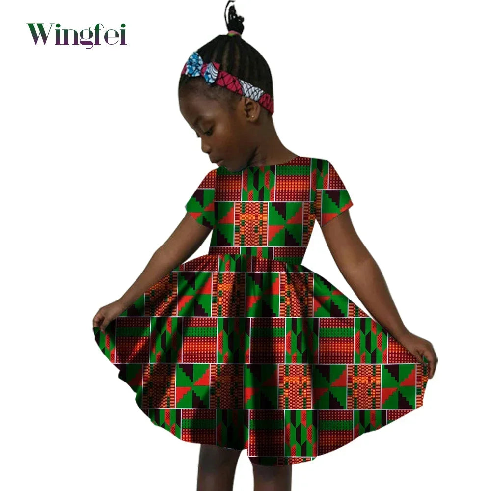 African Clothes for Children Ankara Print Kids Dashiki Dresss Short Sleeve Girl Dresses Casual Kid Attire Cotton WYT60