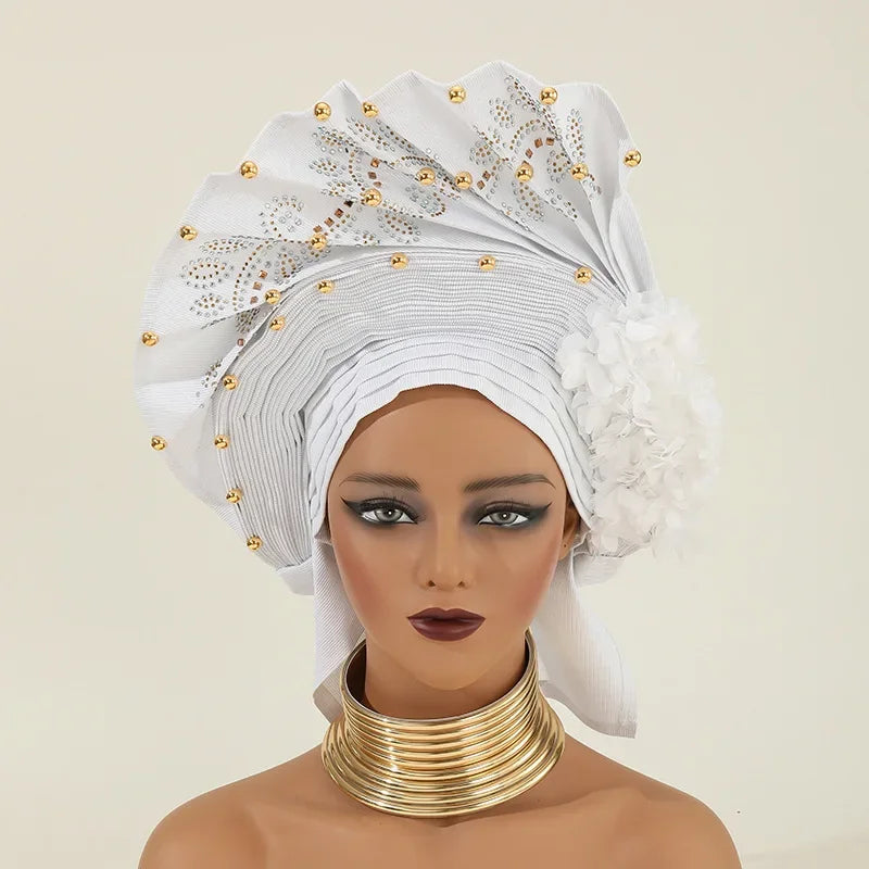 African Auto Gele Headtie Turban Cap for Women Hat Already Made 2025 Aso Oke Wedding Bonnet Head Wrap Bonnet Hijab Flower Beaded