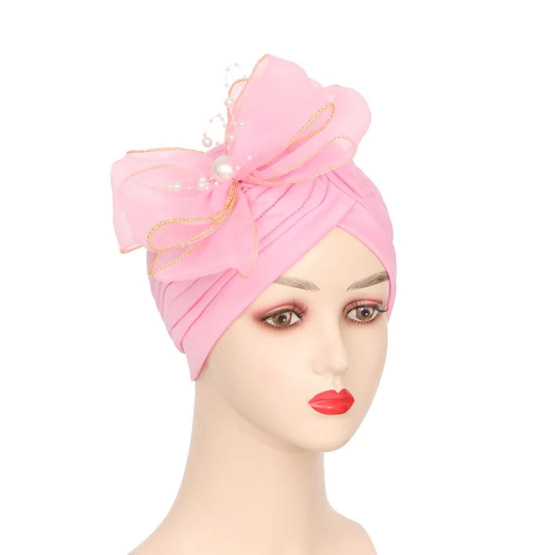 Lastest Indian Big Flower Turban Women Muslim Bowknot Hijab Hat African Auto Gele Headtie Wedding Aso Oke Cap Headscarf Bonnet