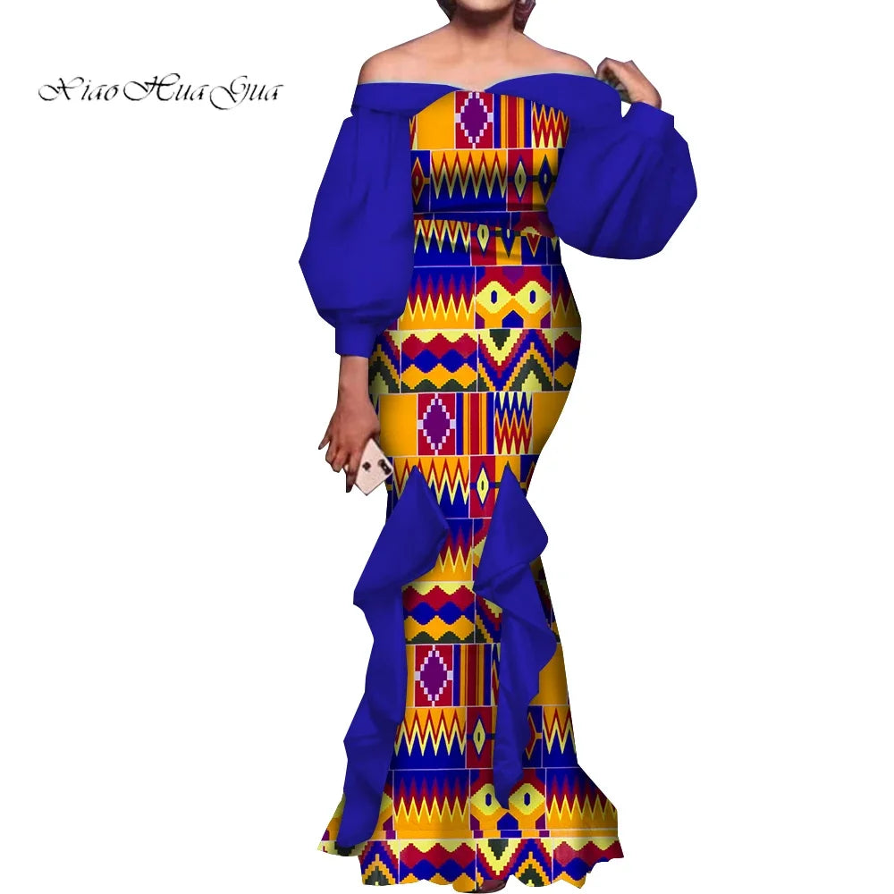 Fashion Women Ankara Dresses Flash Neck Puff Sleeve Long Dress African Dress Robe Africaine Femme Evening Mermaid Dress WY1848