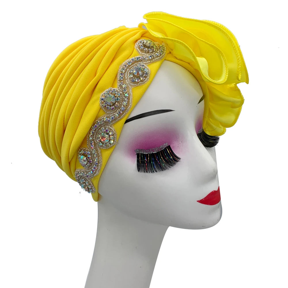 2023 Rhinestones Turban Hat with Side Satin Ruffles Women's Wrap Head Beanies Muslim Headscarf Bonnet African autogele Headtie