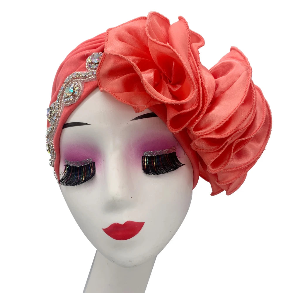 2023 Rhinestones Turban Hat with Side Satin Ruffles Women's Wrap Head Beanies Muslim Headscarf Bonnet African autogele Headtie