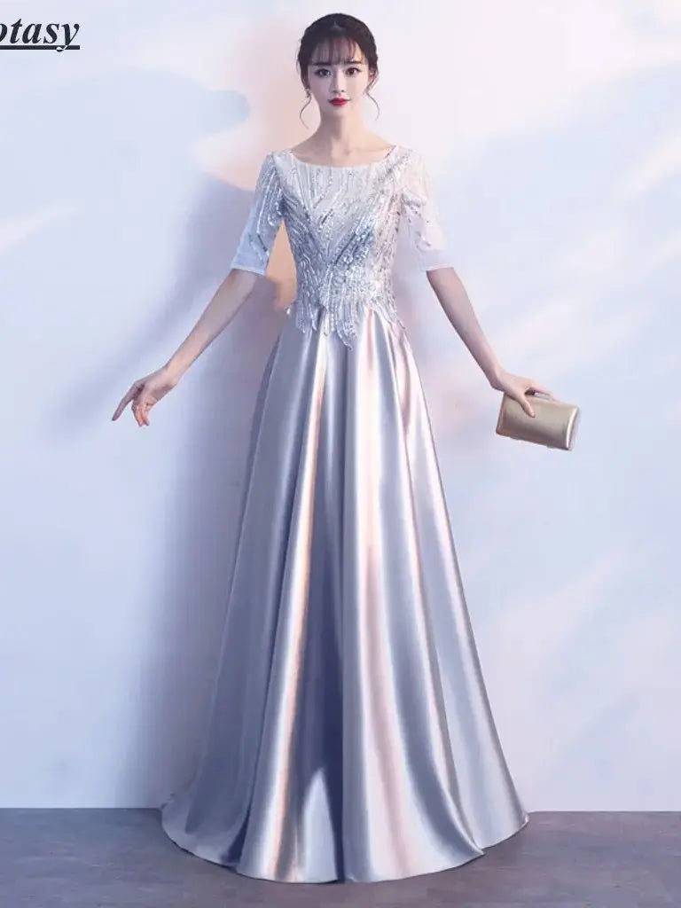 Cusotmized Silver Mother Of the Bride Dresses For Weddings Round Neck Aline Charming Lady Occasion Dress With Sleeves XXHS003
