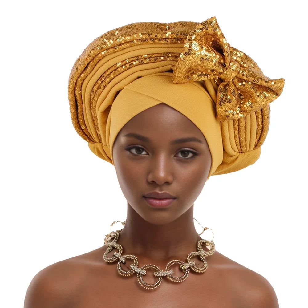 Nigeria Bowknot Turban Cap for Women 2025 New African Auto Gele Headtie Aso Oke Bonnet Hijab Headscarf Sequin Head Wrap Headgear