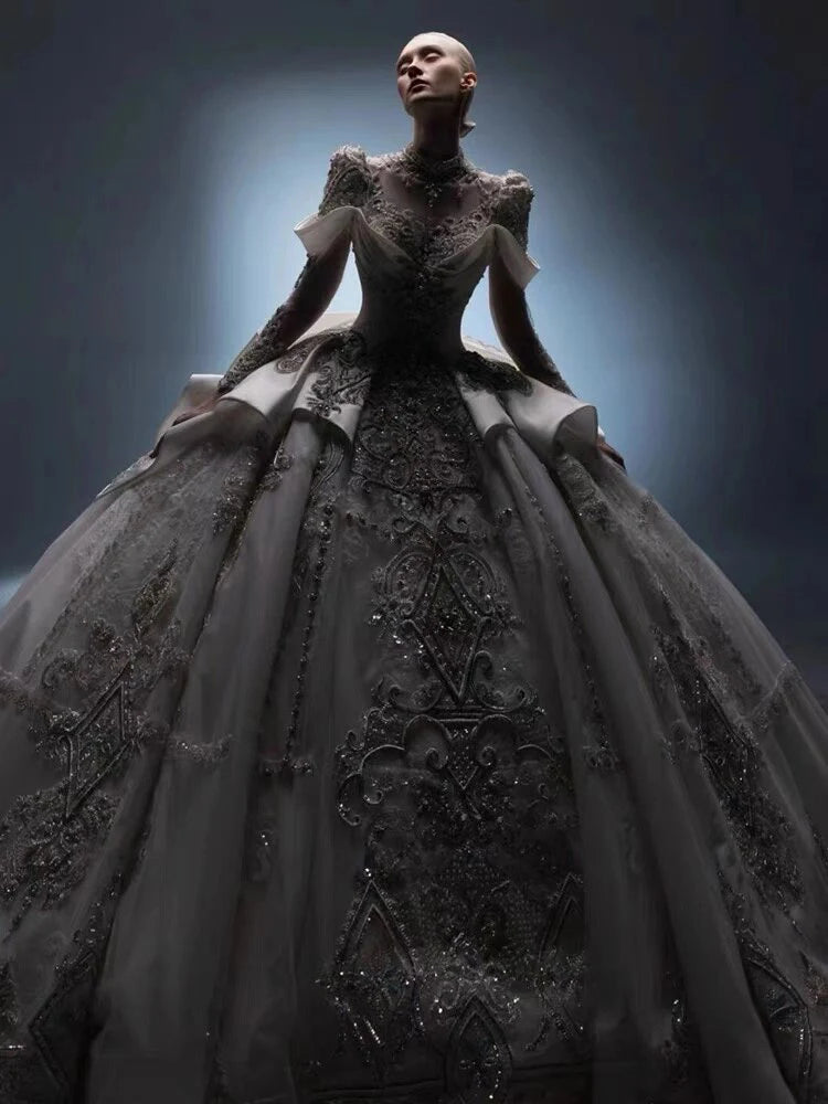 Customized Heavy Industry Satin Wedding Dress for Women New Retro Bride Long Sleeve Ball Gown Large Size Vestido De Novia