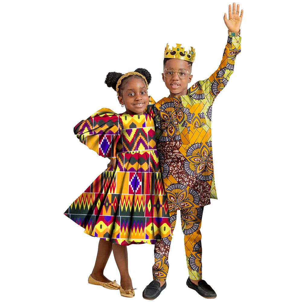 Wedding African Family Matching Outfits for Kids Sister Brother Girls Dress and Boys Pants Set Children Ankara Print Clothing