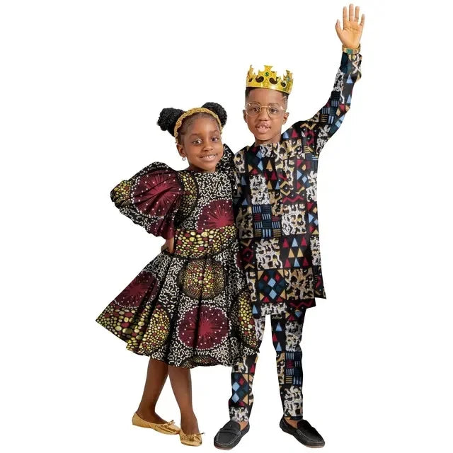 Wedding African Family Matching Outfits for Kids Sister Brother Girls Dress and Boys Pants Set Children Ankara Print Clothing