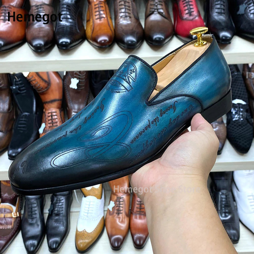 Italian Style Hand Painted Lettering Men's Shoes Leather Dress Shoe Slip-On Business Casual Single Shoes Party High Quality Shoe
