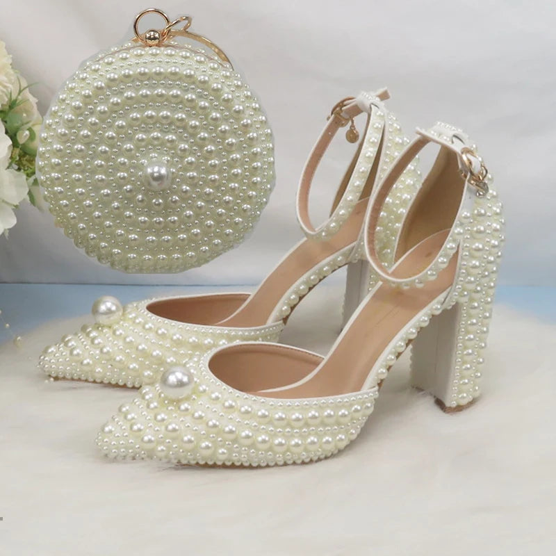 BaoYaFang White Pearl women wedding shoes And Bags Bride High heels shoes ladies party dress shoes woman Sweet Fashion Pumps
