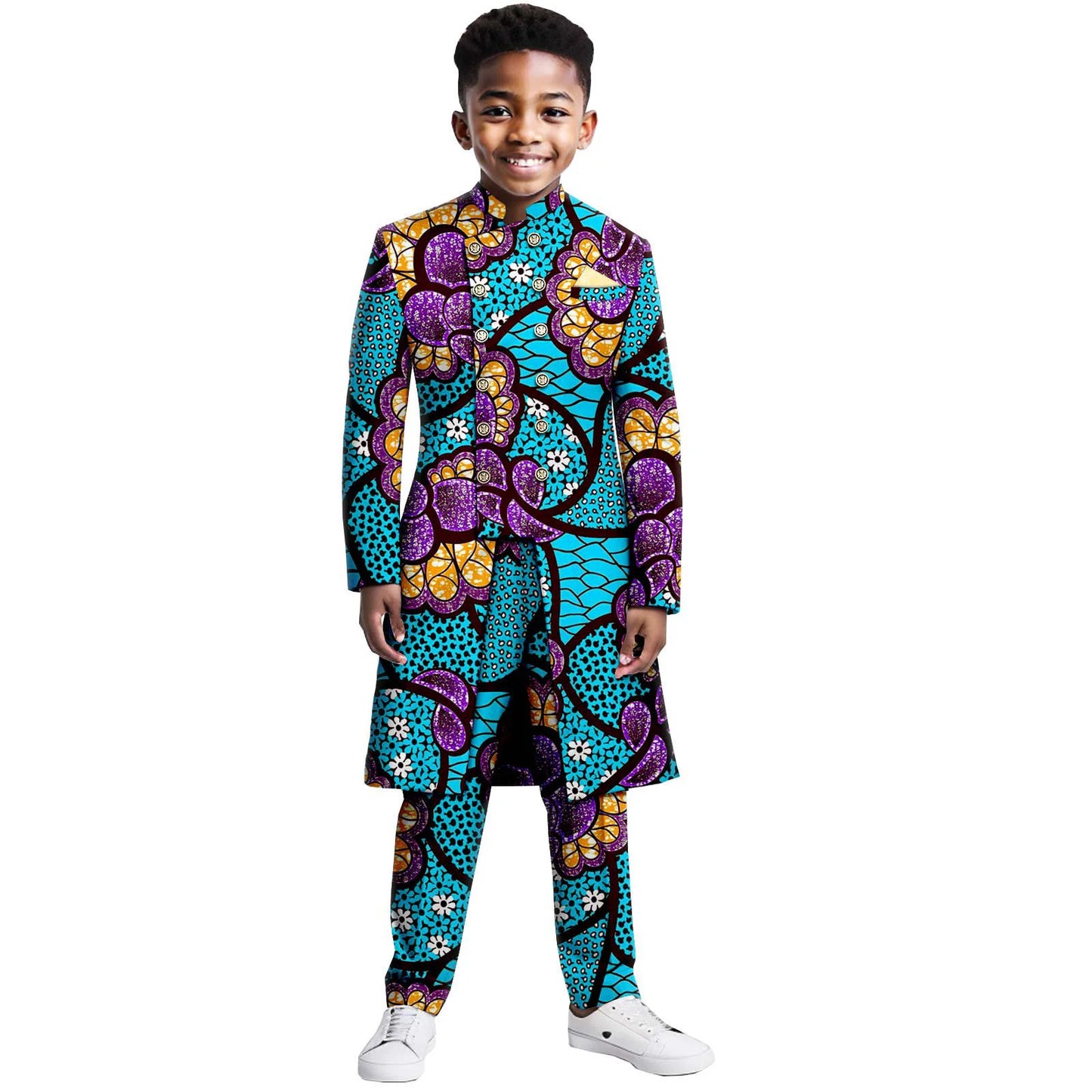 Boys Suits Wedding Tuxedo African Print Ankara Pure Cotton Jacket Pants 2 Piece Set Formal Party Fashion Dress Kids Blazer