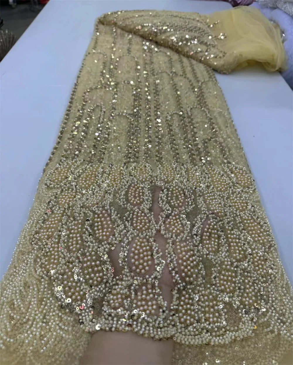 Luxurious Peach Nigerian Handmade Beaded French Lace High Quality Sequins Embroidery African Net Lace Fabric Dress Wp658-1