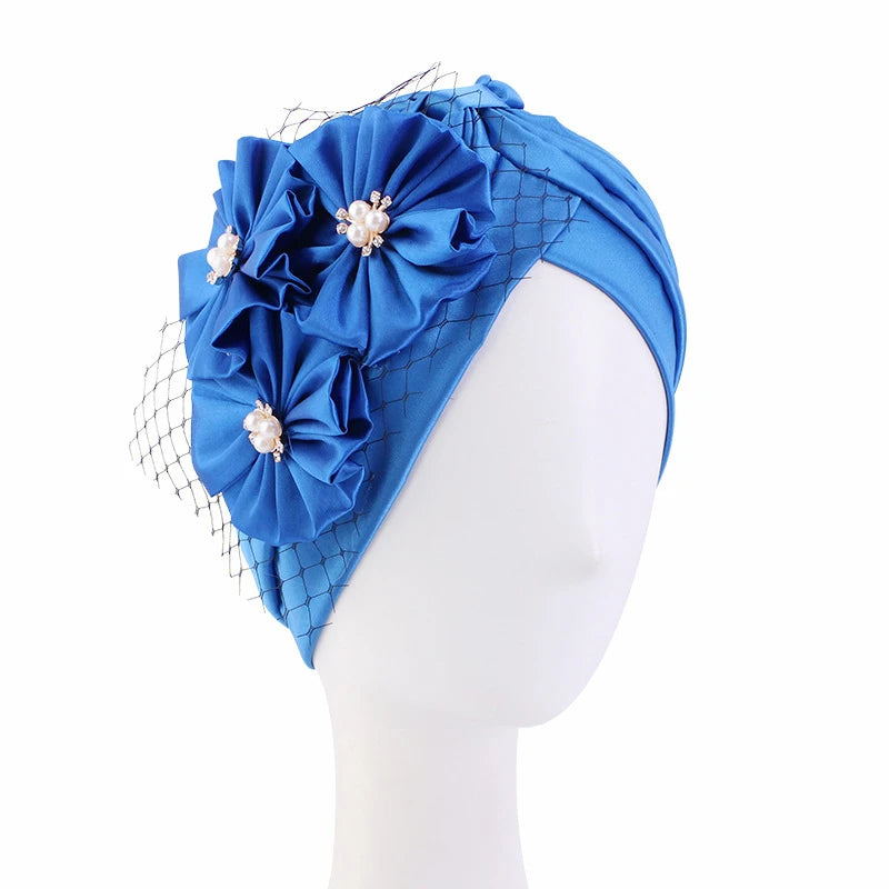 Big Flower Muslim Women Indain Hat Scarf Caps Chemo Turban Islamic Head Cover Party Evening Bonnet Pleated Vintage Elegant Hat