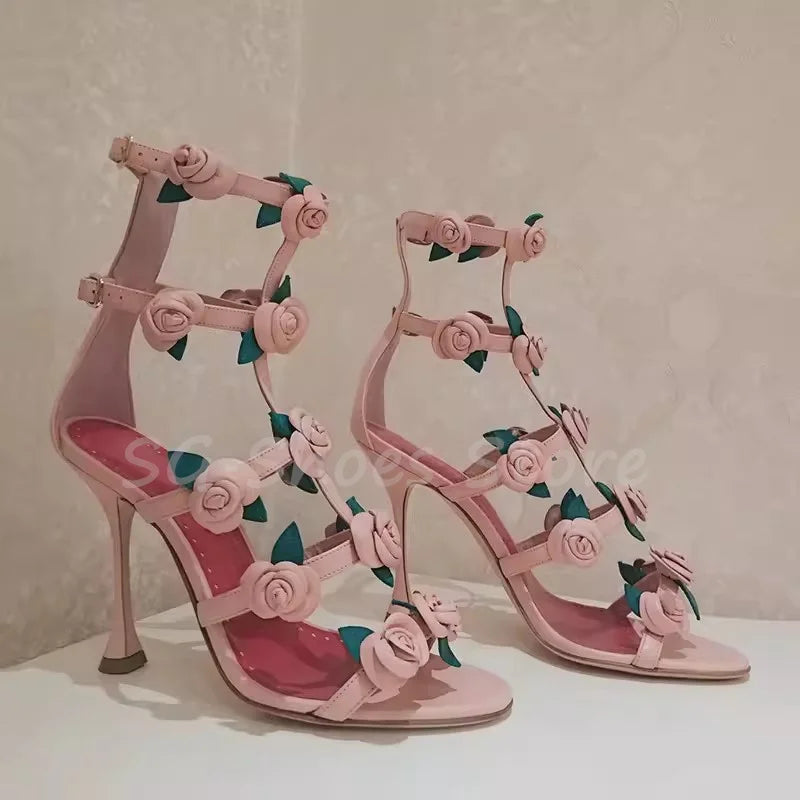 Romantic Rosette Caged Hight Heel Sandals for Womenrose Decor Narrow Band Peep Toe Thin Heel Pumps Ladies Party Catwalk Shoes