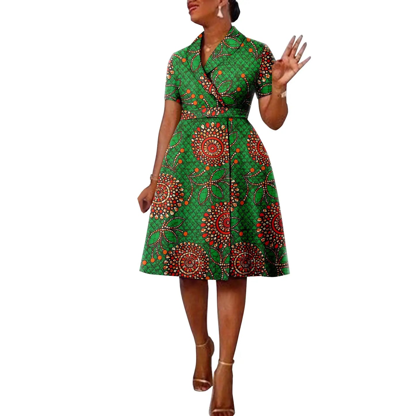 African Ankara Printed Casual Style Short Sleeve Women's Cotton Belt Lapel Padded Shoulder Suit Dress, A2225140