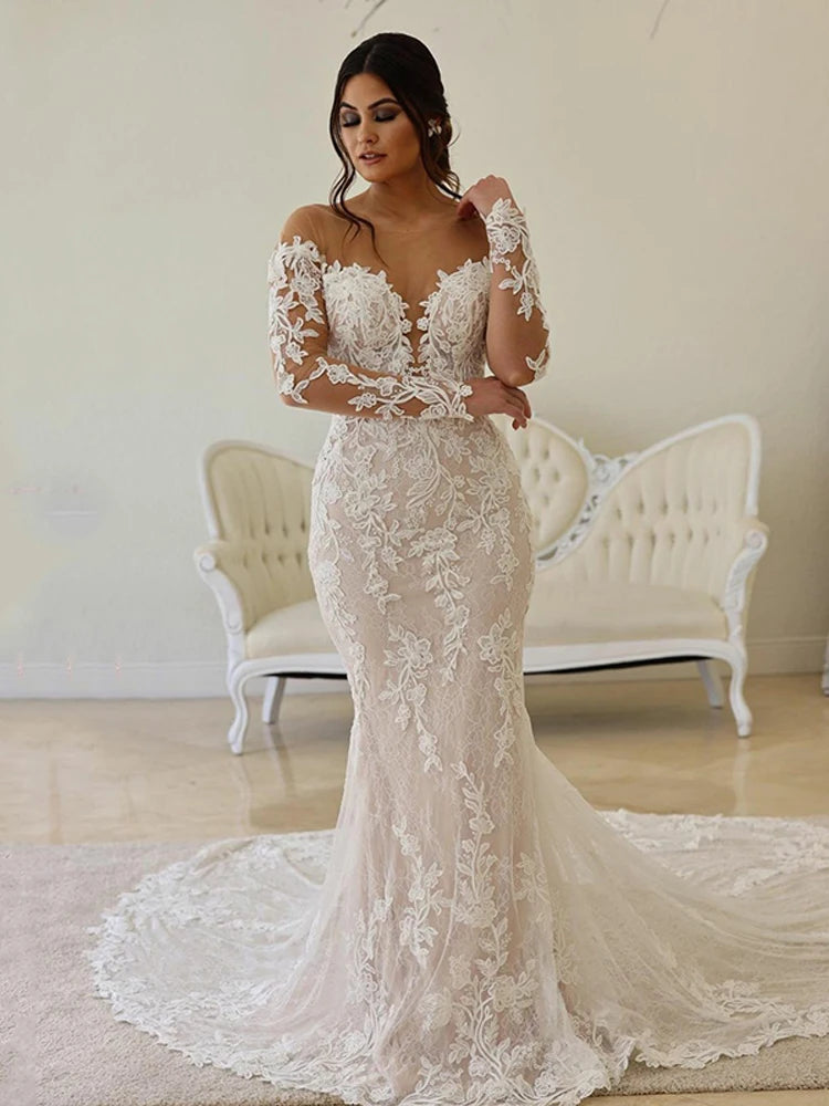 LINLING Custom Made Obe De Mariée En Dentelle, Style Boho, Illusion De Sirène, Corsage, Manches Longues, Col Transparent, 2023