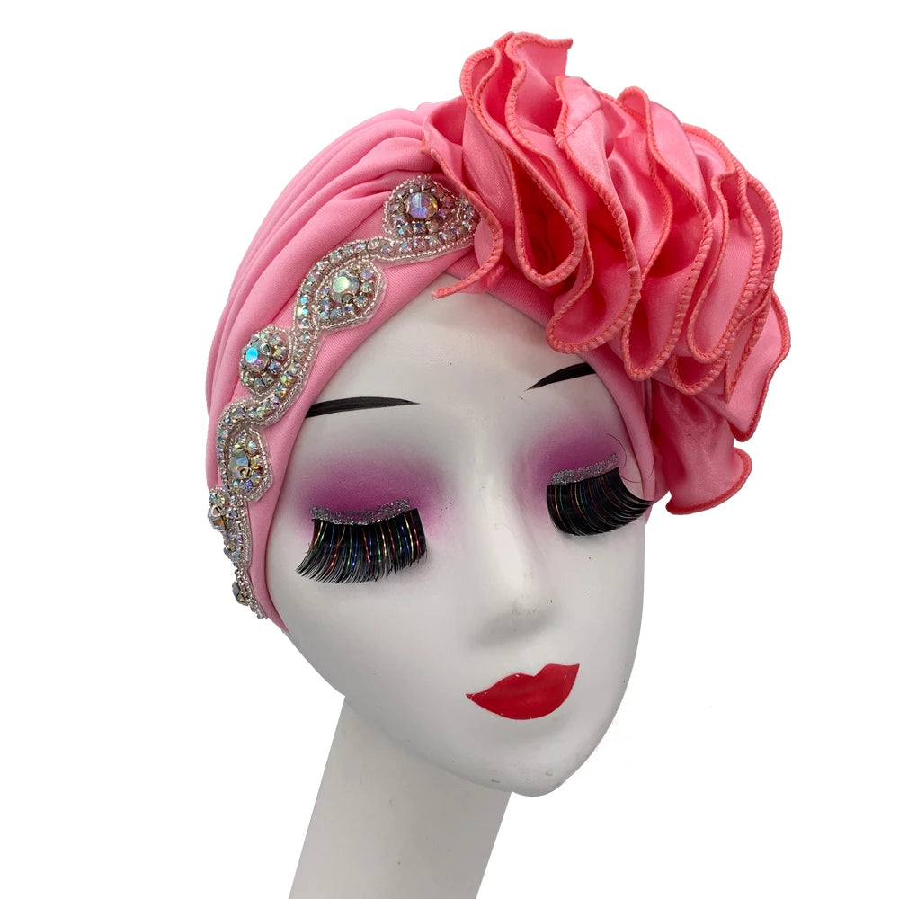 2023 Rhinestones Turban Hat with Side Satin Ruffles Women's Wrap Head Beanies Muslim Headscarf Bonnet African autogele Headtie