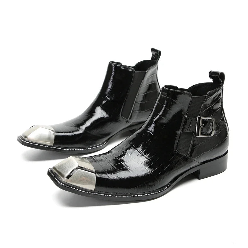 Handmade Men Real Leather Motorcycle Boot Business Plus Size Square Toe Casual Shoes Male Black Formal Party Dress Boots