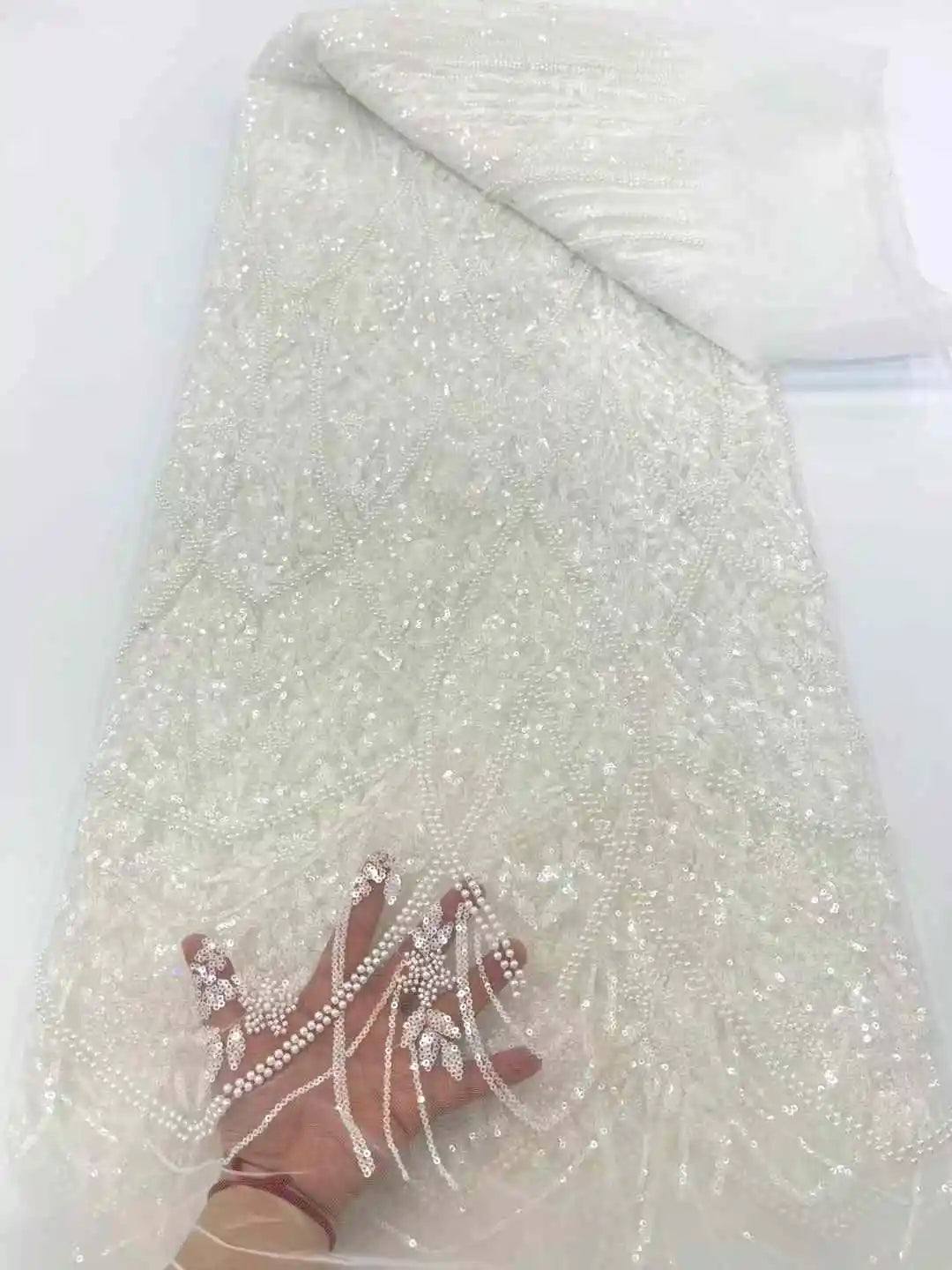 Luxury Beaded Tulle Lace Fabric 2025 High Quality French Sequin Net Sewing Hand Crystal Beads Glitter Blue African Mesh Sequence