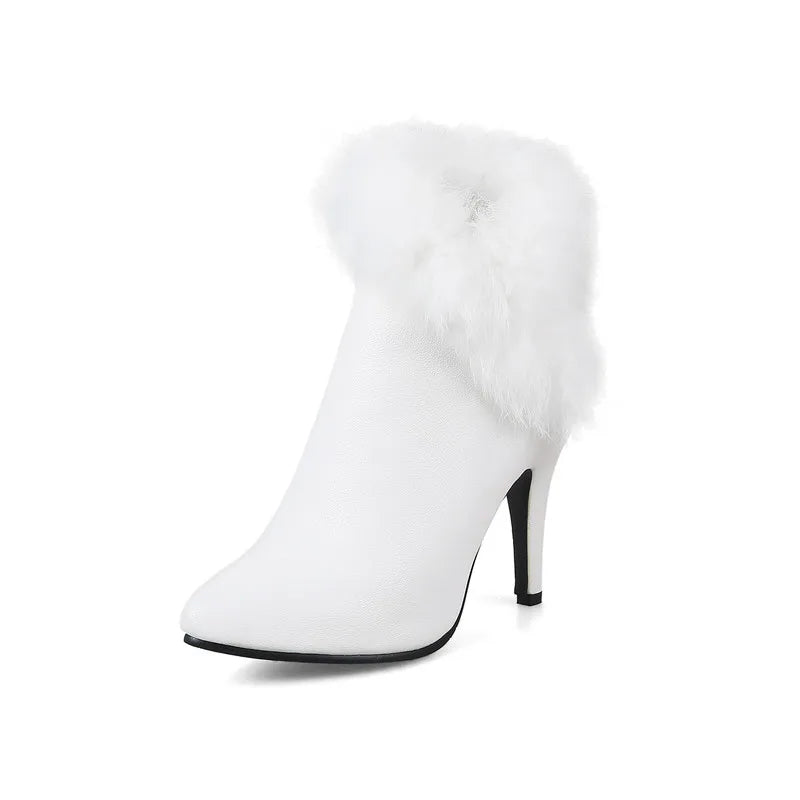 YMYECHIC Thin High Heel Ankle Boots Ladies Faux Fur Fringe Fashion Red White Black Party Wedding Shoes Women Booties Winter 2023