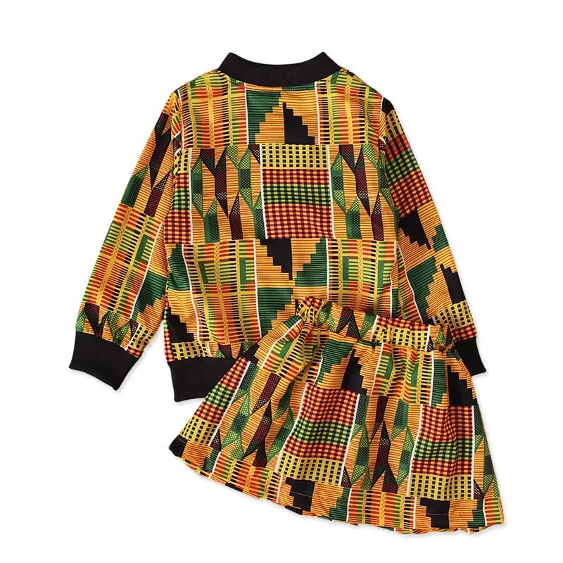 2Pcs Set African Dresses Kids Fashion Print Girls Zipper Coat Skirts Dashiki Bazin Fashion Children Riche Ankara African Clothes