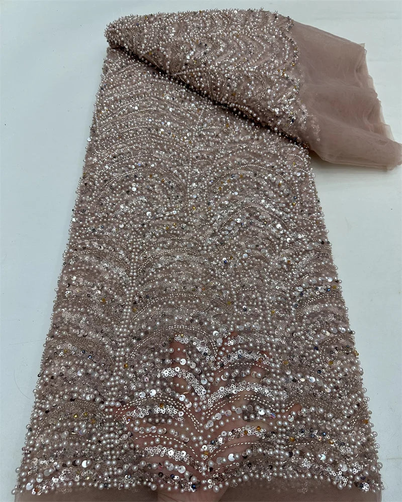 Latest Pink African Sequins Lace Fabric High Quality Lace Embroidery Beaded Mesh Fabric 5 Yards For Wedding Party Dress