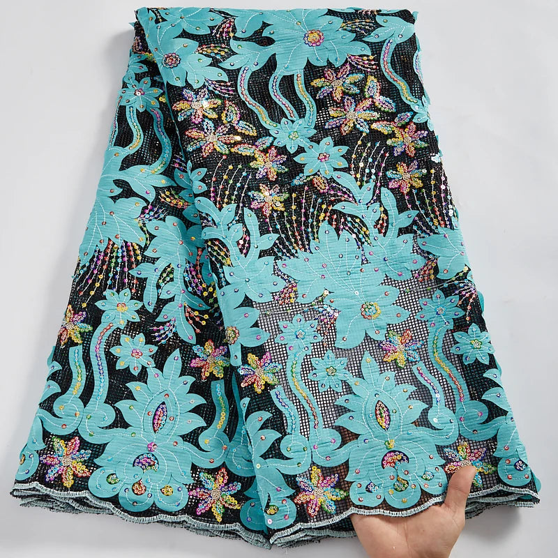 Colorful Sequins African Mesh Lace Fabric Embroidery High Quality Nigerian French Net Lace Fabrics For Wedding Party Dress 2581A