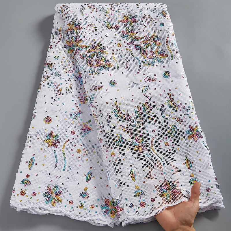 Colorful Sequins African Mesh Lace Fabric Embroidery High Quality Nigerian French Net Lace Fabrics For Wedding Party Dress 2581A