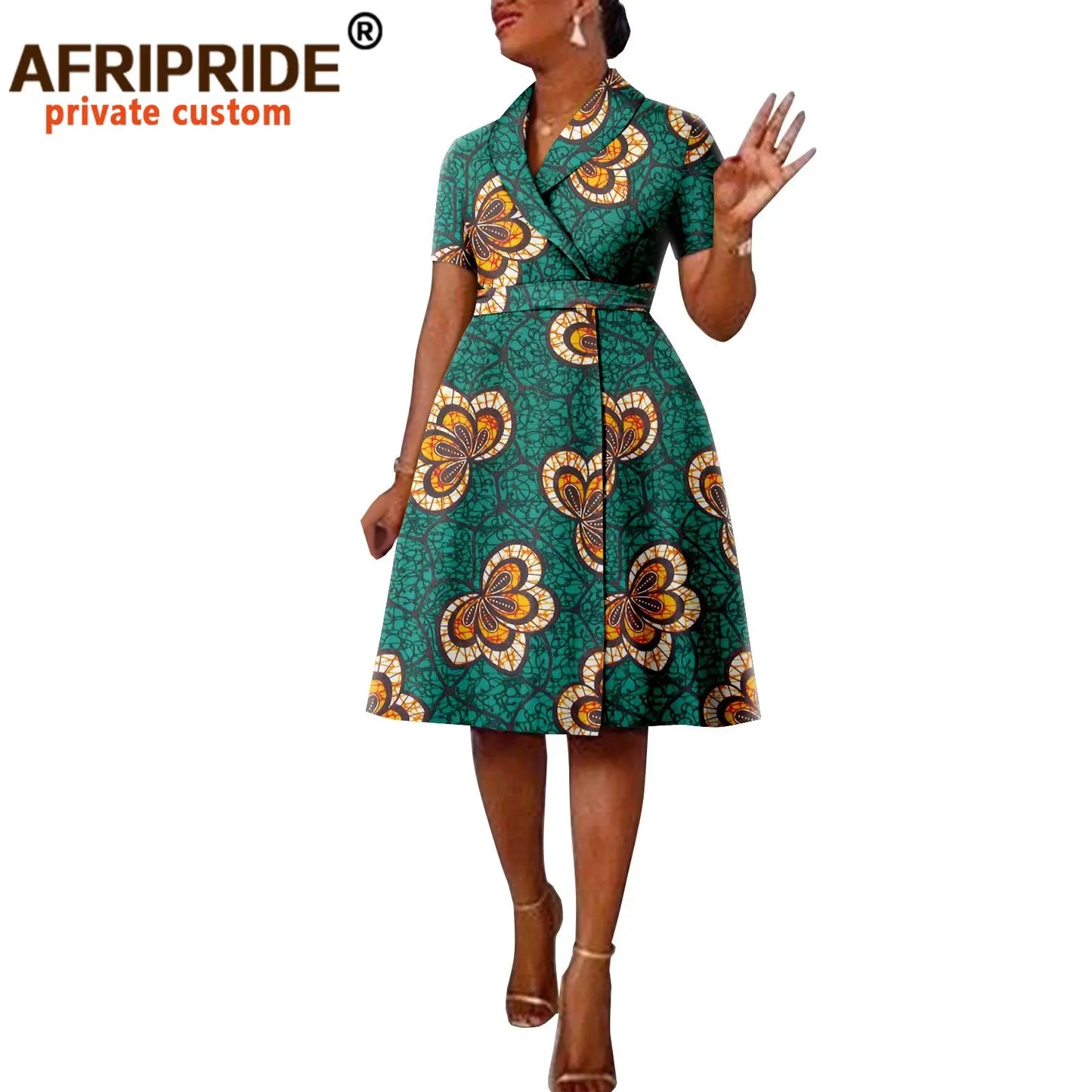 African Ankara Printed Casual Style Short Sleeve Women's Cotton Belt Lapel Padded Shoulder Suit Dress, A2225140