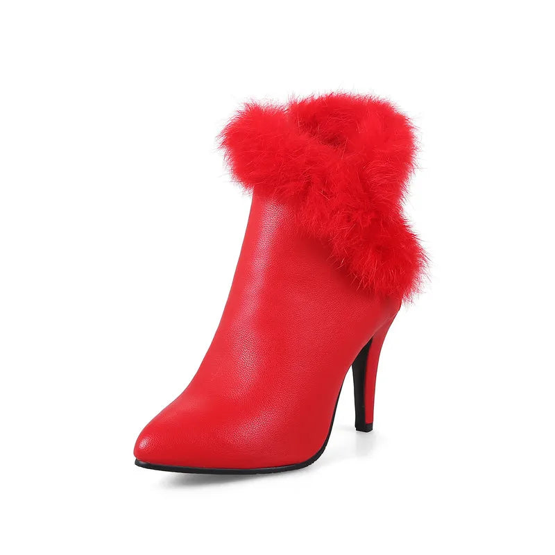 YMYECHIC Thin High Heel Ankle Boots Ladies Faux Fur Fringe Fashion Red White Black Party Wedding Shoes Women Booties Winter 2023