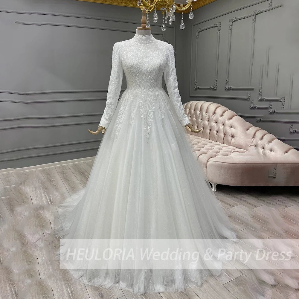 Elegant heavy lace beading Wedding Dress long sleeve high neck bride dress plus size bride Wedding Gown