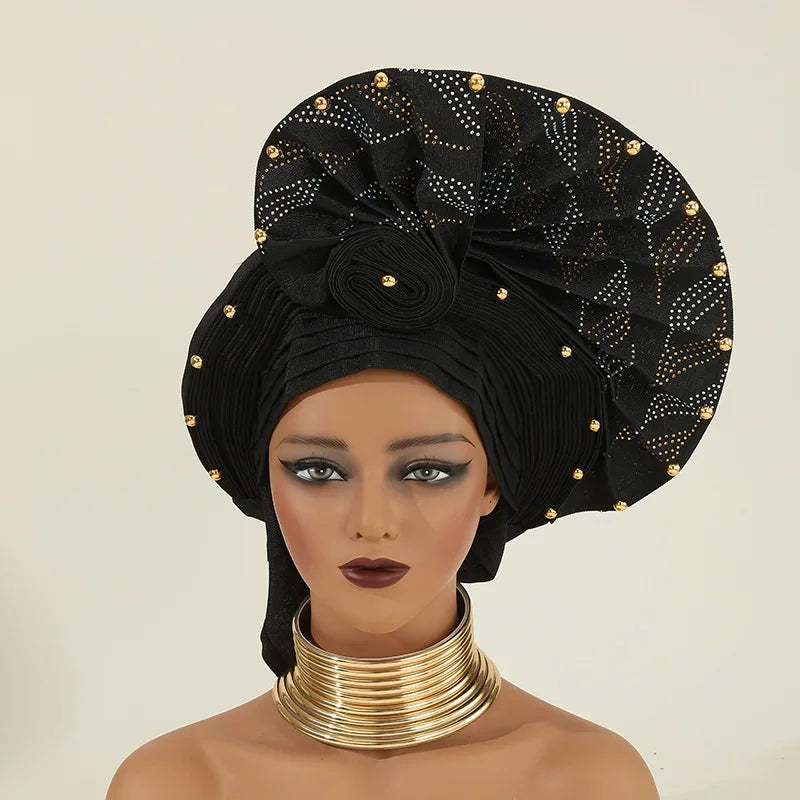 African Auto Gele Headtie Aso Oke Nigeria High Quality Bead Already Made Hijab Bonnet Headband Turban Cap Party Wedding Headgear