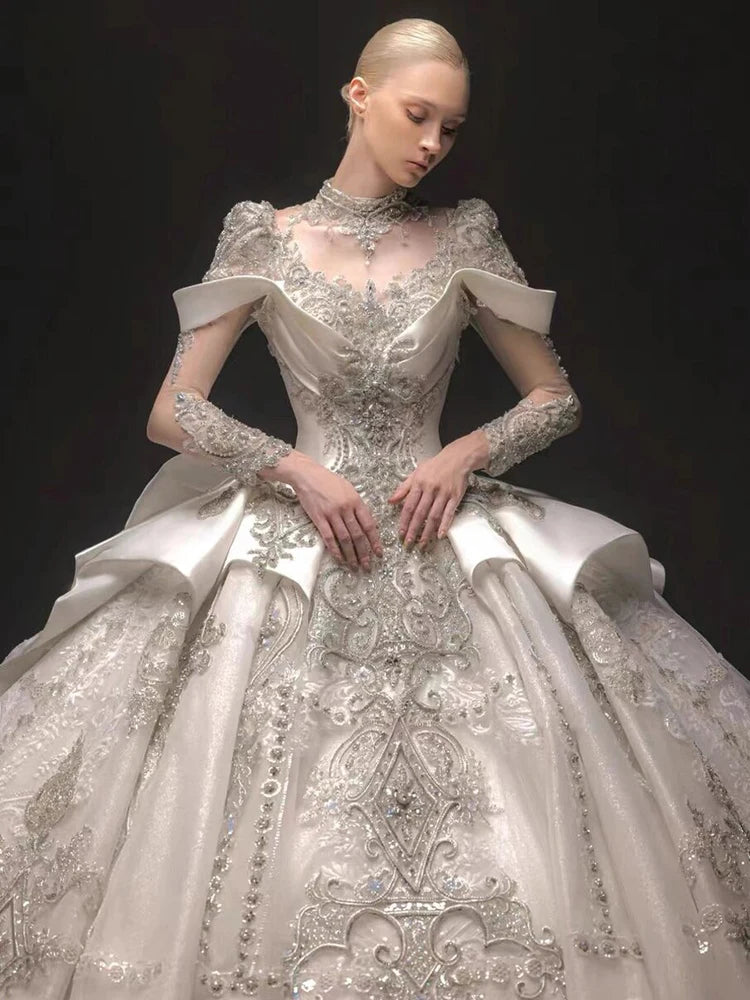 Customized Heavy Industry Satin Wedding Dress for Women New Retro Bride Long Sleeve Ball Gown Large Size Vestido De Novia